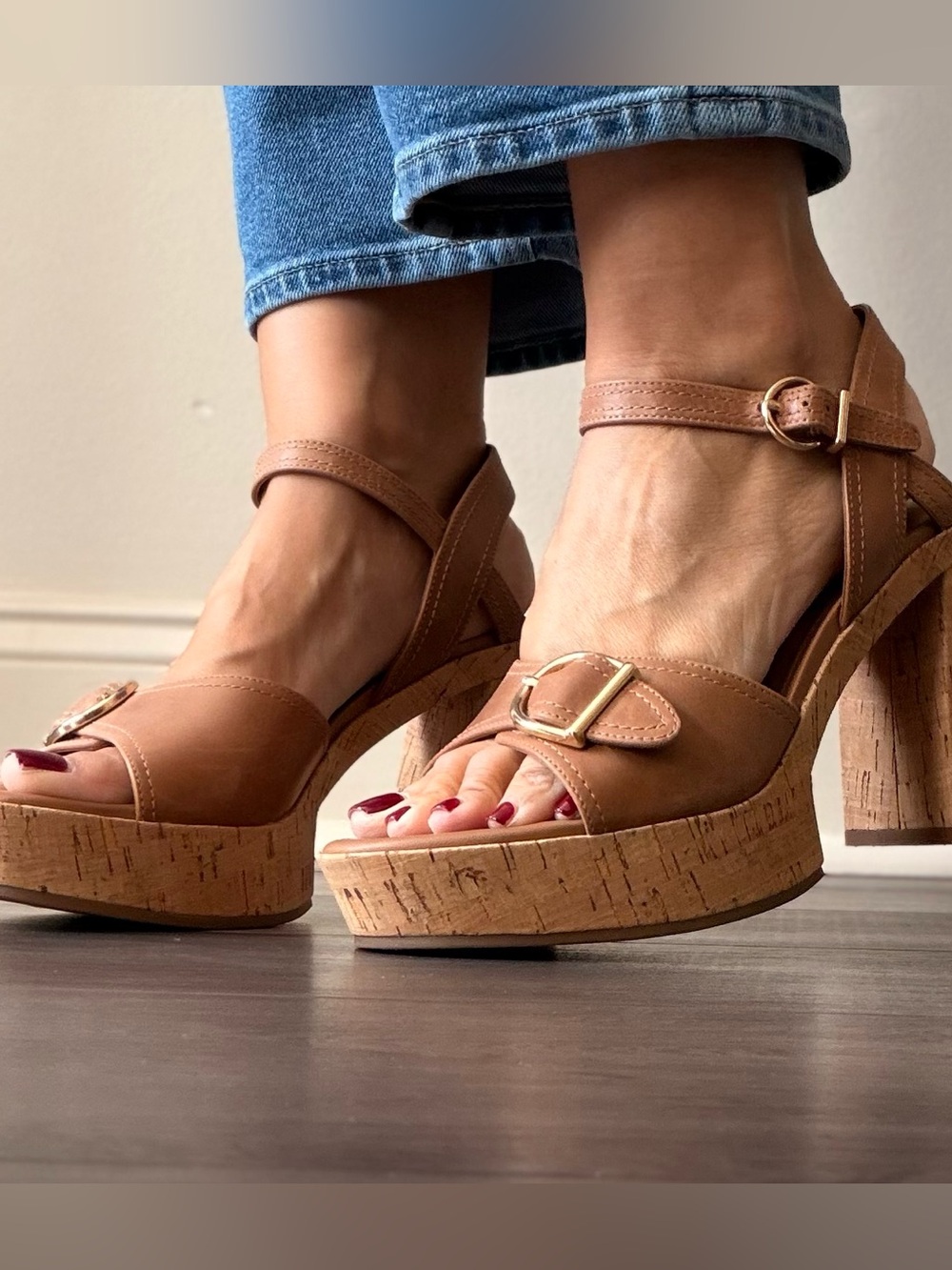 Copper Key Martha Tan Leather Platform Tan Cork Platform Sandal Size 8